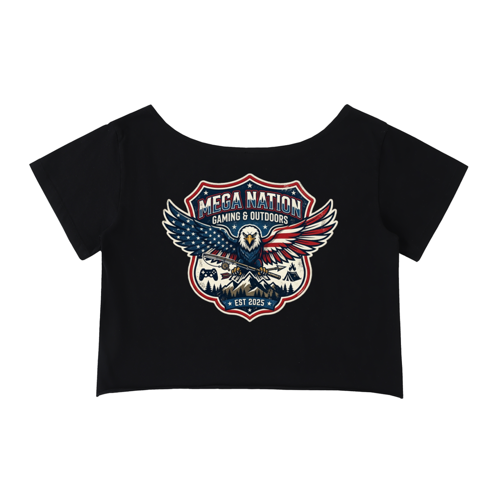MNA Eagle Gaming & Outdoors (Front and Back Logo) Off-Shoulder Cropped T-Shirt (4 colors)