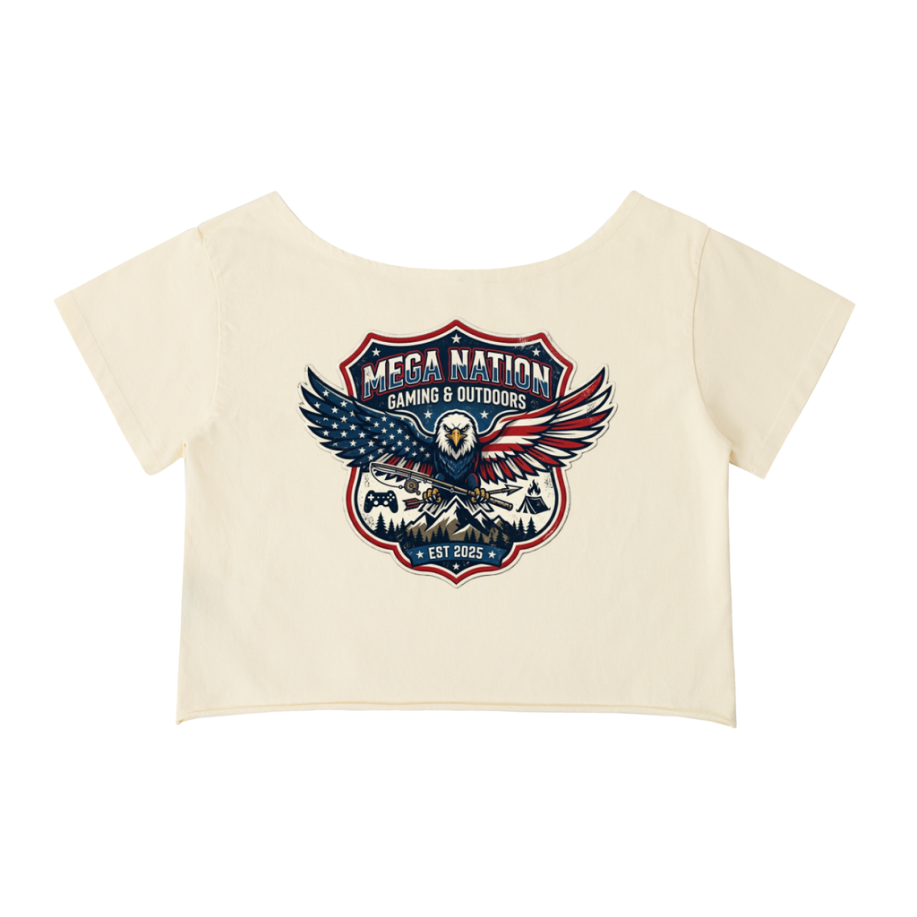 MNA Eagle Gaming & Outdoors (Front and Back Logo) Off-Shoulder Cropped T-Shirt (4 colors)