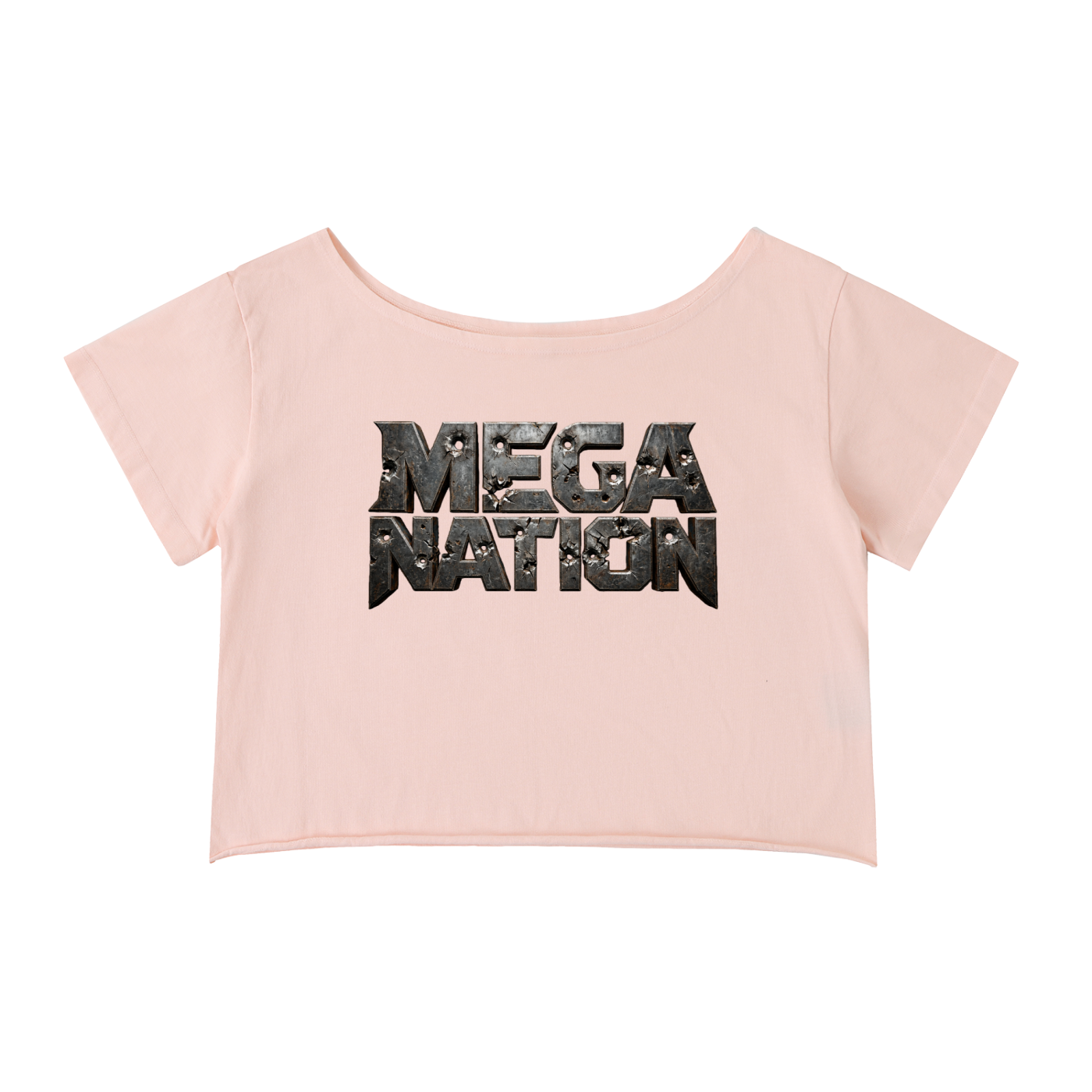 Mega Nation Damaged Plate Off-Shoulder Cropped T-Shirt (4 colors)