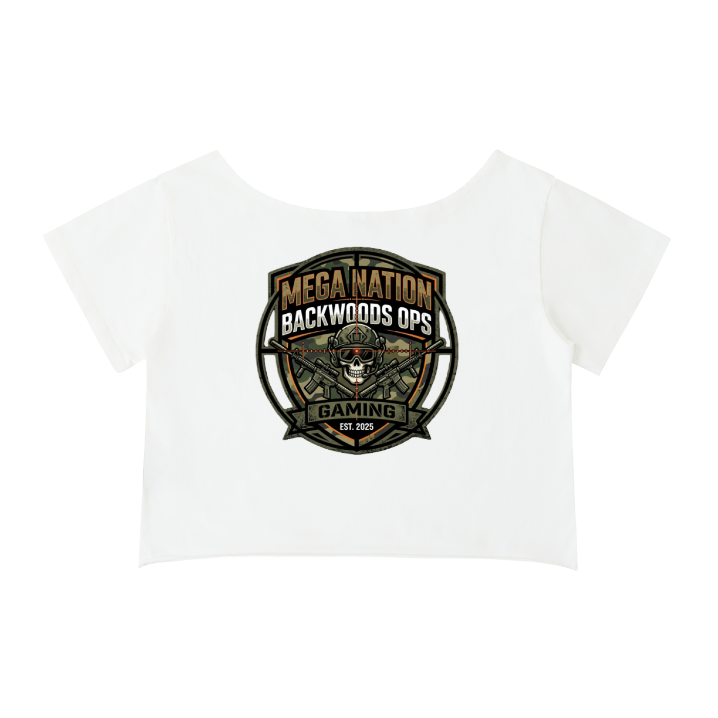 MNA Backwoods Ops (Front and Back Logo) Off-Shoulder Cropped T-Shirt (4 colors)
