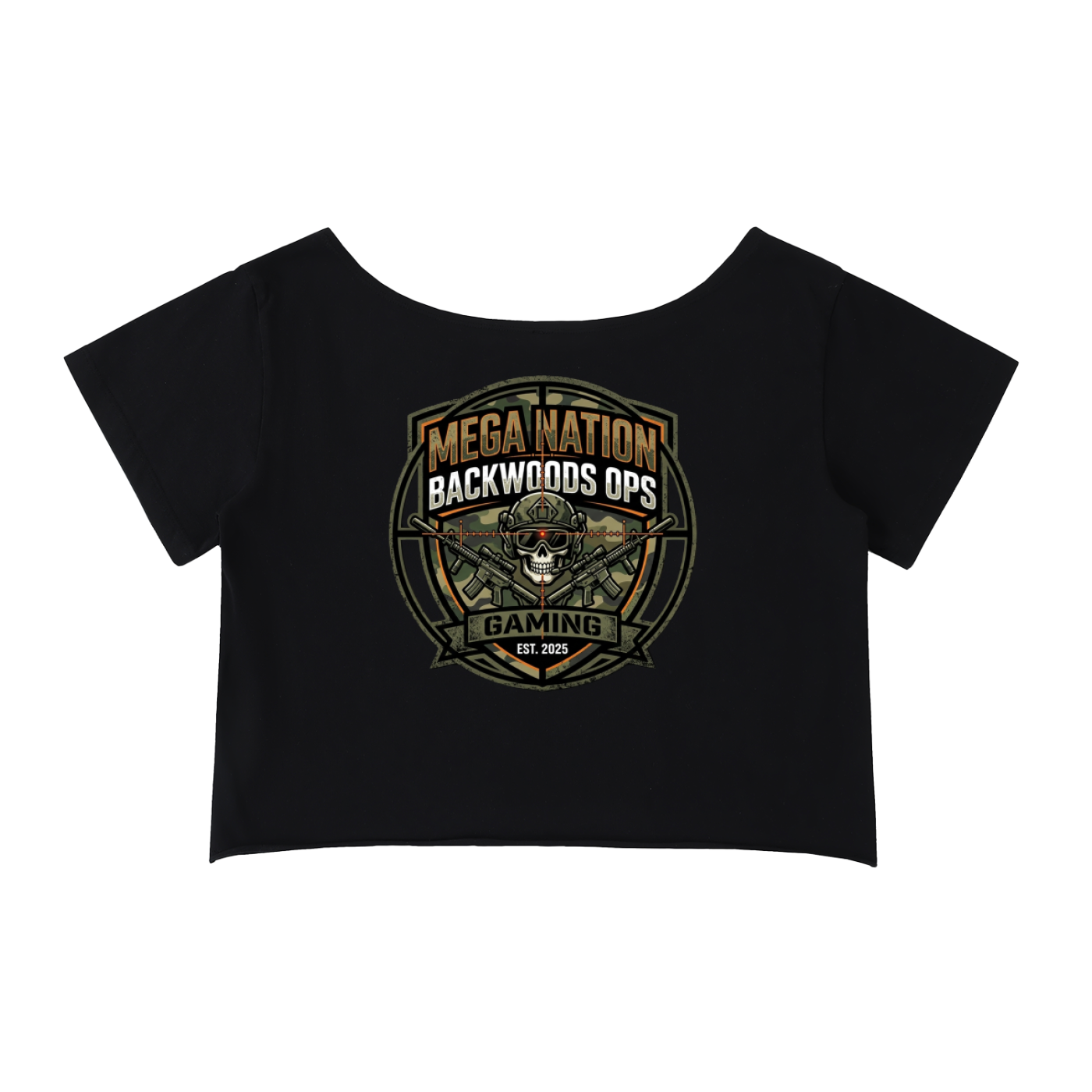 MNA Backwoods Ops (Front and Back Logo) Off-Shoulder Cropped T-Shirt (4 colors)