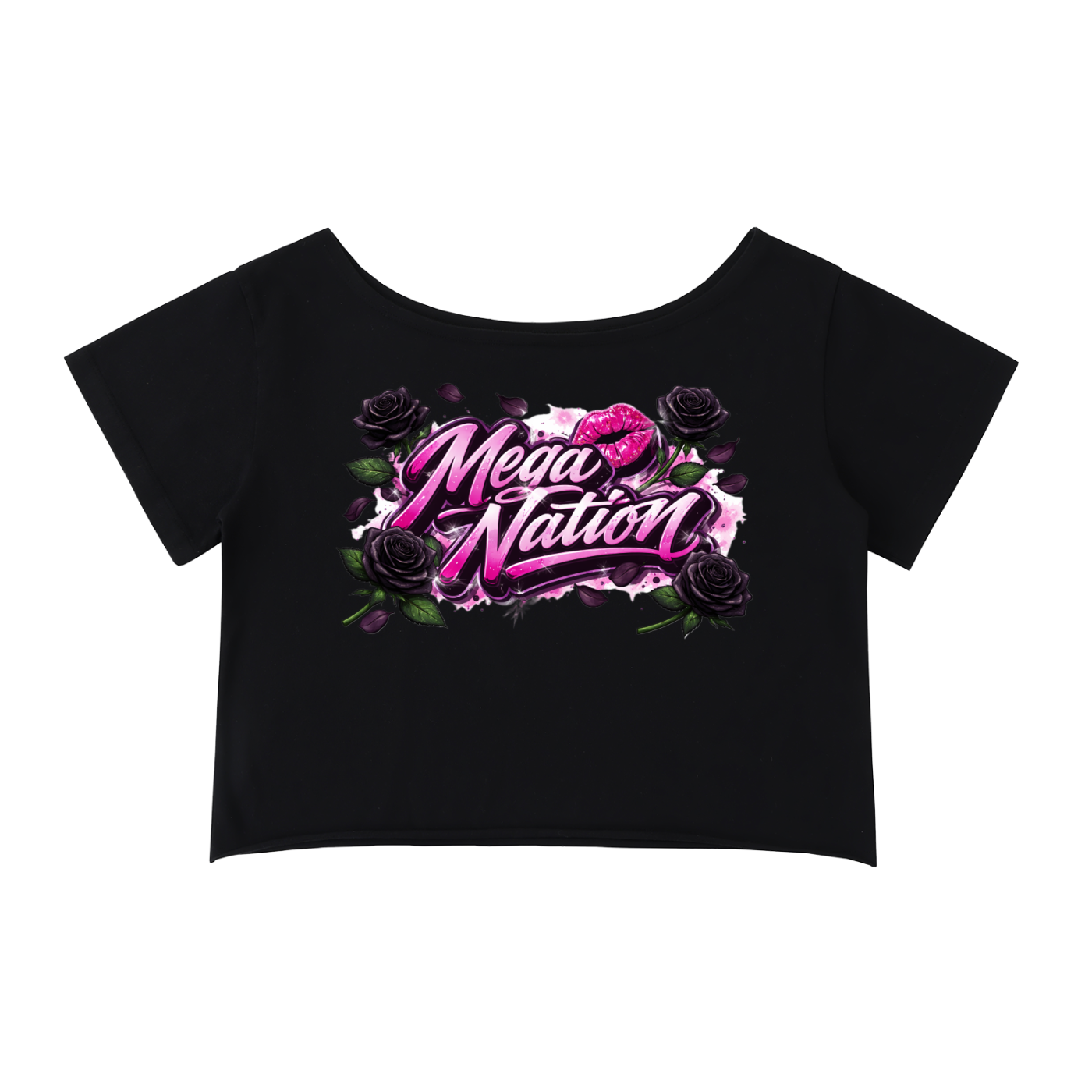 Mega Nation Black Rose Off-Shoulder Cropped T-Shirt 4 colors)