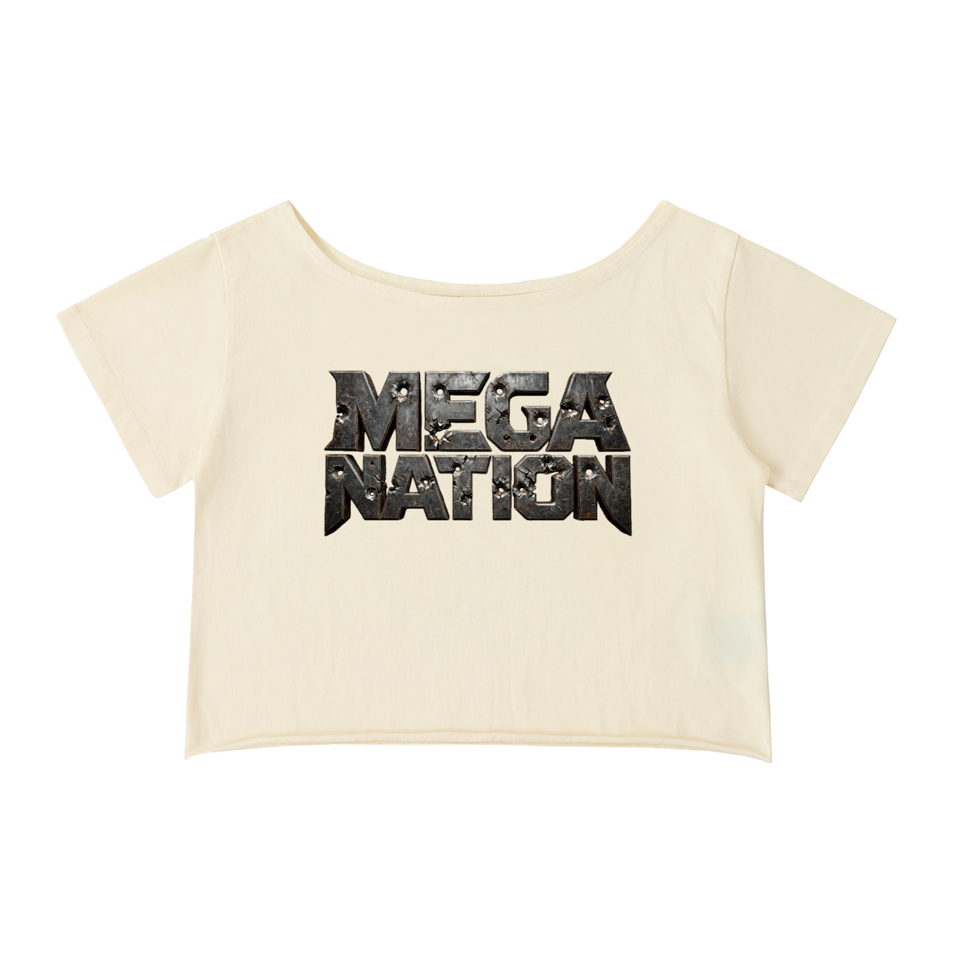 Mega Nation Damaged Plate Off-Shoulder Cropped T-Shirt (4 colors)