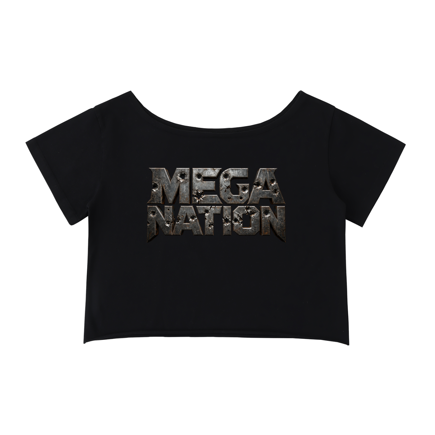 Mega Nation Damaged Plate Off-Shoulder Cropped T-Shirt (4 colors)