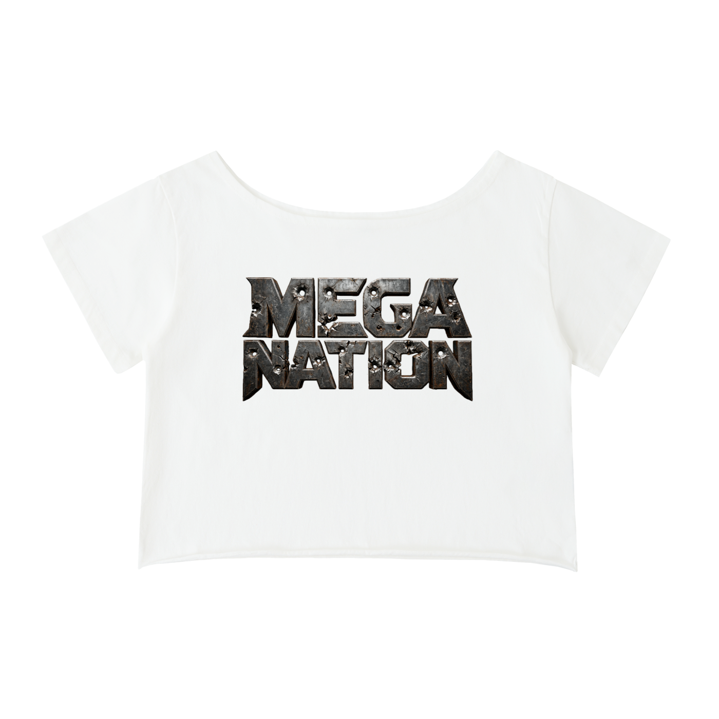 Mega Nation Damaged Plate Off-Shoulder Cropped T-Shirt (4 colors)