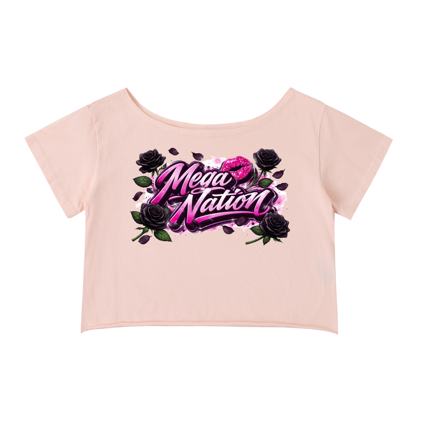 Mega Nation Black Rose Off-Shoulder Cropped T-Shirt 4 colors)