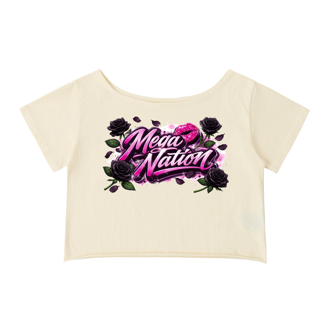 Mega Nation Black Rose Off-Shoulder Cropped T-Shirt 4 colors)
