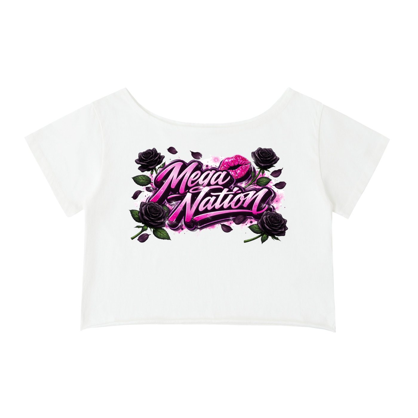 Mega Nation Black Rose Off-Shoulder Cropped T-Shirt 4 colors)